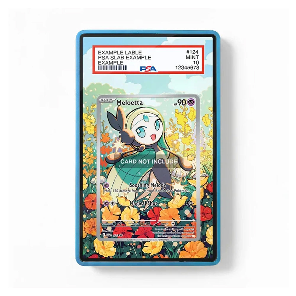 A PSA graded sample lable card in a blue slab, featuring a Meloetta card inside with a colorful floral background and a white PSA label at the top.