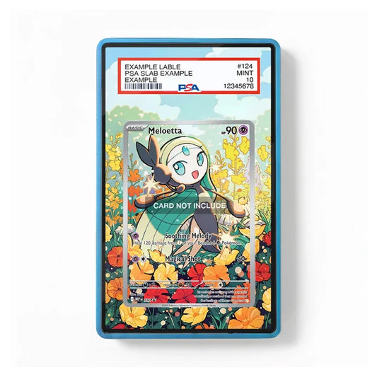 A PSA graded sample lable card in a blue slab, featuring a Meloetta card inside with a colorful floral background and a white PSA label at the top.