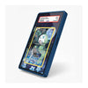A blue protective phone case with a clear screen protector, shown holding a Pokémon TCG holographic card. The case features a dark blue border and a sample label at the top indicating 'EXAMPLE LABEL PSA 10'.