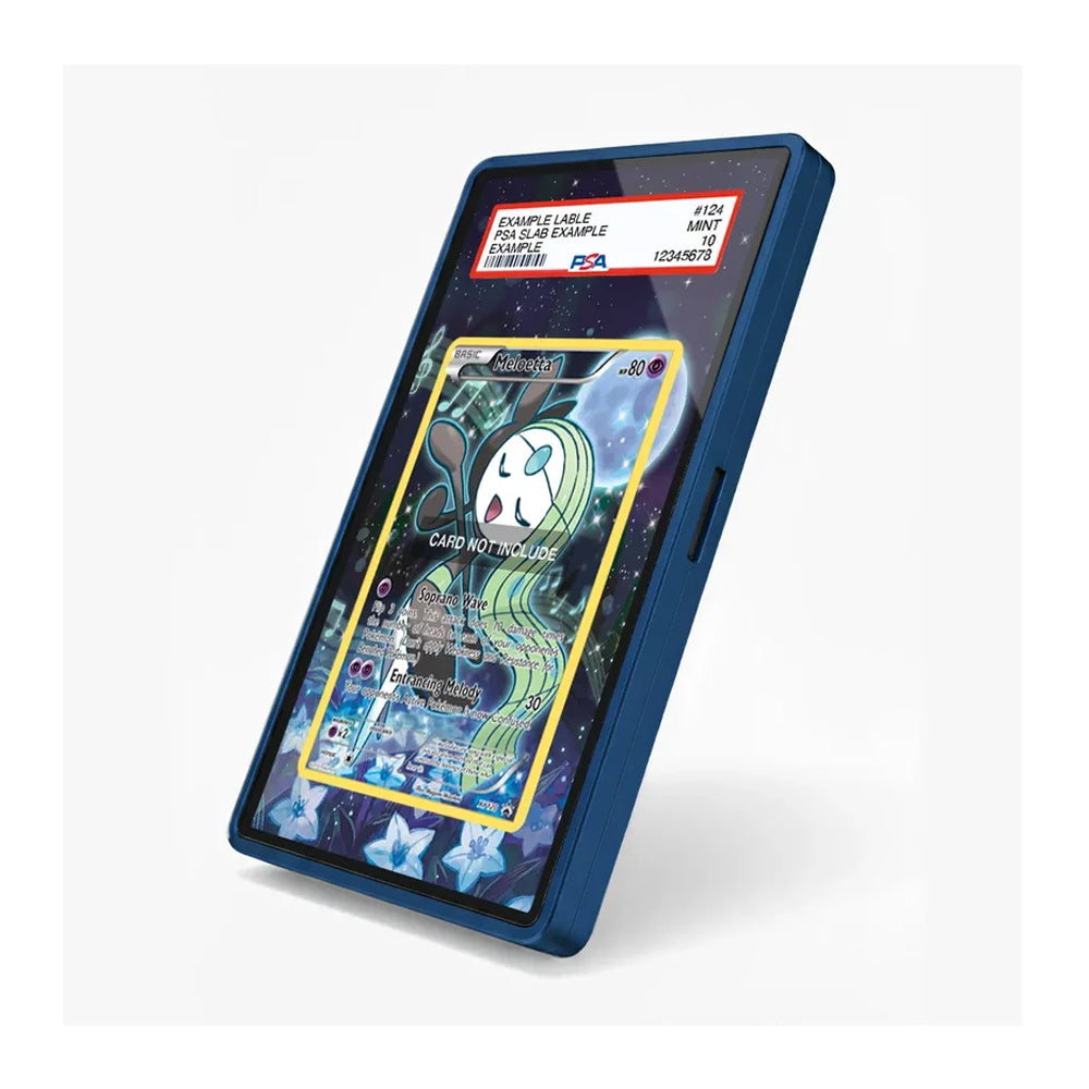 A blue protective phone case with a clear screen protector, shown holding a Pokémon TCG holographic card. The case features a dark blue border and a sample label at the top indicating 'EXAMPLE LABEL PSA 10'.