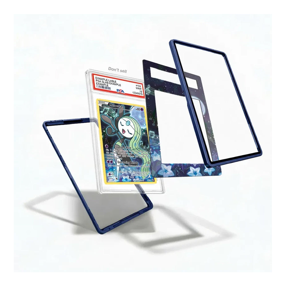A set of custom protective phone cases with dark blue frames, shown floating in a clean studio setting with a graded PSA card in the center.