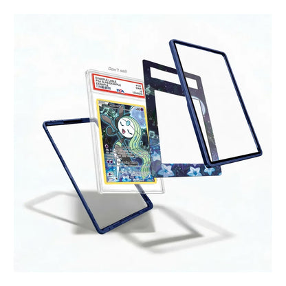 A set of custom protective phone cases with dark blue frames, shown floating in a clean studio setting with a graded PSA card in the center.