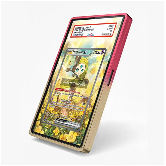 A custom protective phone case with a gold-toned lower half and a pink upper half, featuring a printed Pokémon card design on the back. The case is shown with a PSA authentication label at the top, set against a clean white background.