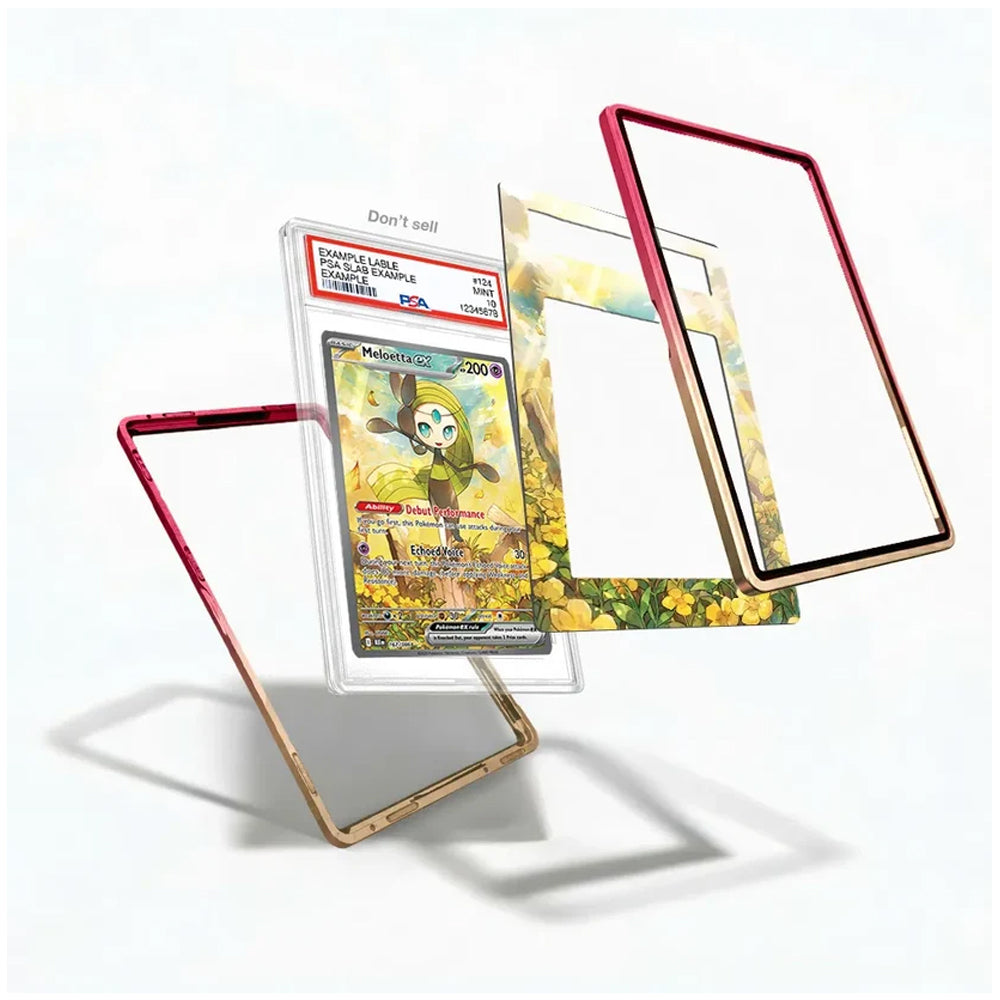 A set of transparent acrylic or glass display frames with colored borders, shown floating around a graded Pokémon TCG card on a clean white background. The frames include red, gold, and black border options.