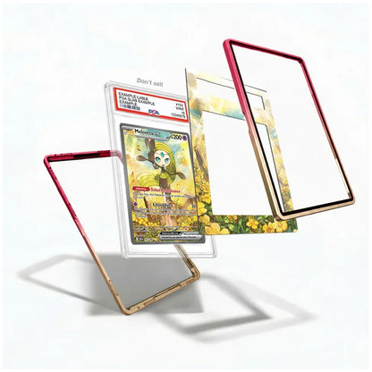 A set of transparent acrylic or glass display frames with colored borders, shown floating around a graded Pokémon TCG card on a clean white background. The frames include red, gold, and black border options.