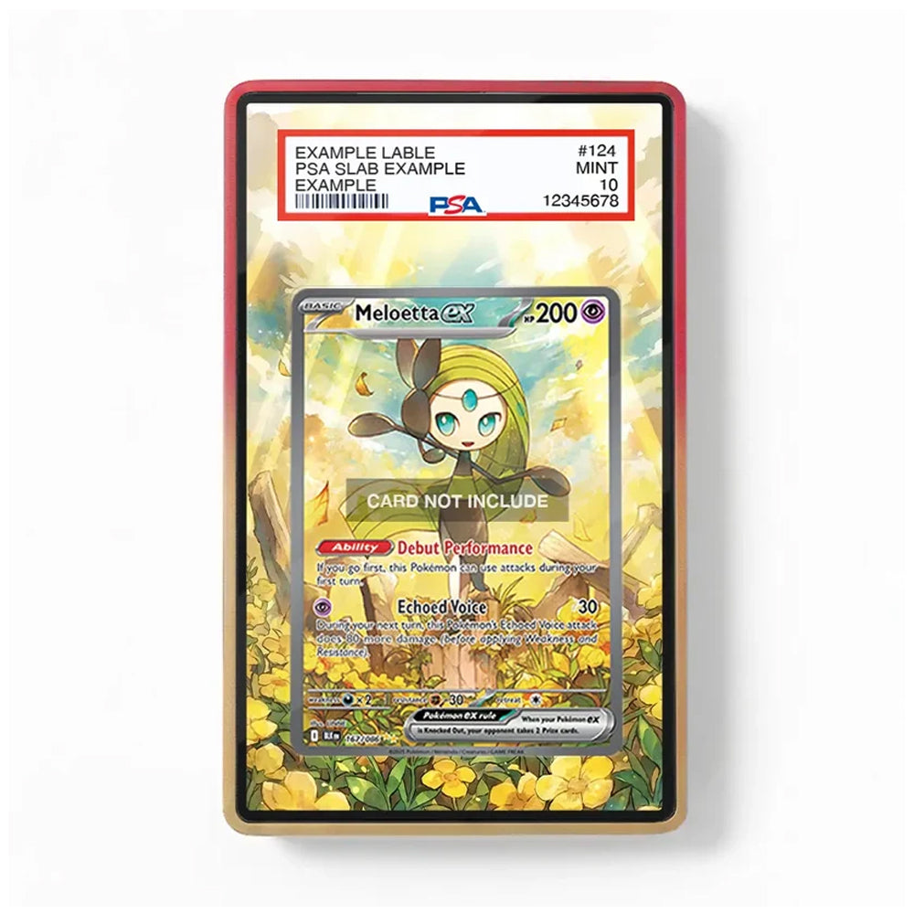 A PSA-graded protective card slab containing a Meloetta card, shown against a plain white background. The slab has a red border and a clear top, with the PSA grading label visible at the top.
