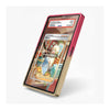 A smartphone shown standing on its side against a light gray background. The phone has a metallic gold frame and a pinkish-red outer bumper, with a transparent screen displaying a colorful illustrated card interface.