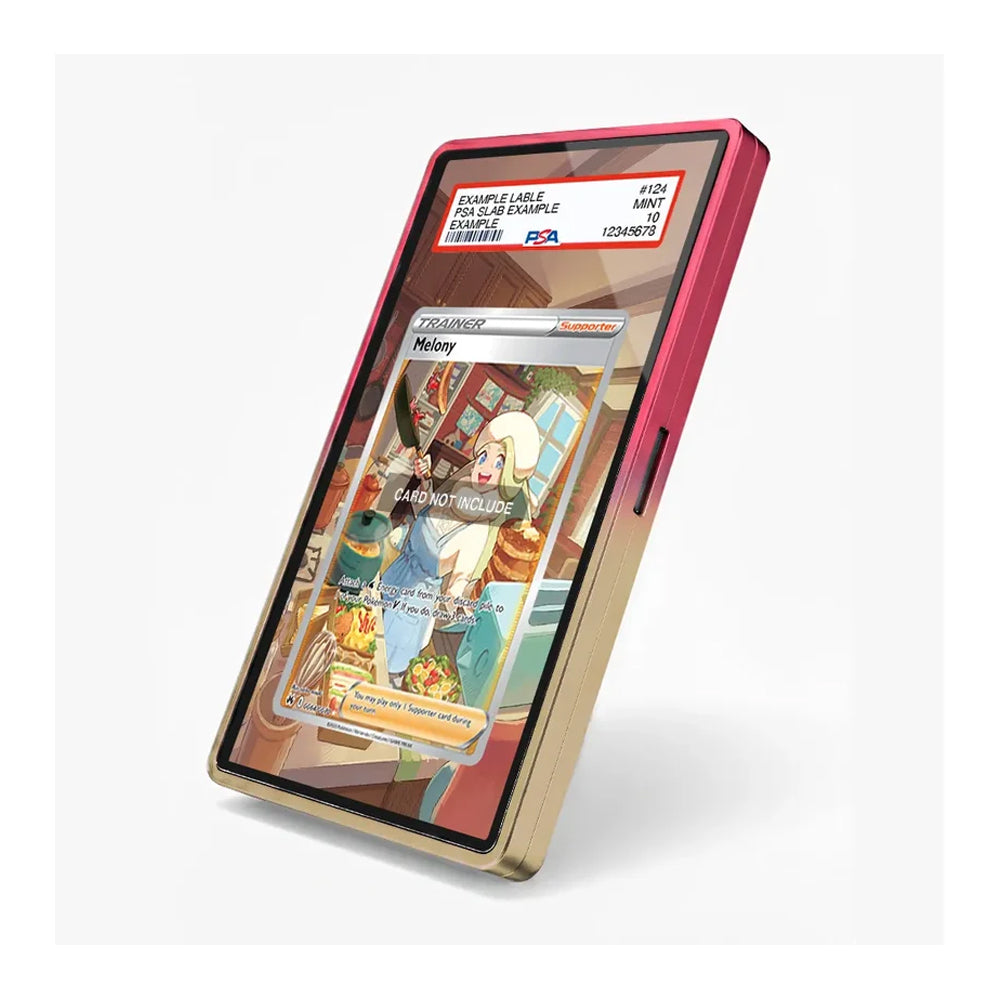 A smartphone shown standing on its side against a light gray background. The phone has a metallic gold frame and a pinkish-red outer bumper, with a transparent screen displaying a colorful illustrated card interface.