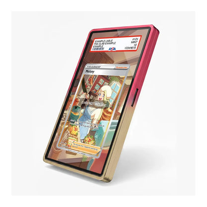 A smartphone shown standing on its side against a light gray background. The phone has a metallic gold frame and a pinkish-red outer bumper, with a transparent screen displaying a colorful illustrated card interface.
