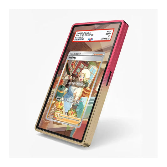 A smartphone shown standing on its side against a light gray background. The phone has a metallic gold frame and a pinkish-red outer bumper, with a transparent screen displaying a colorful illustrated card interface.
