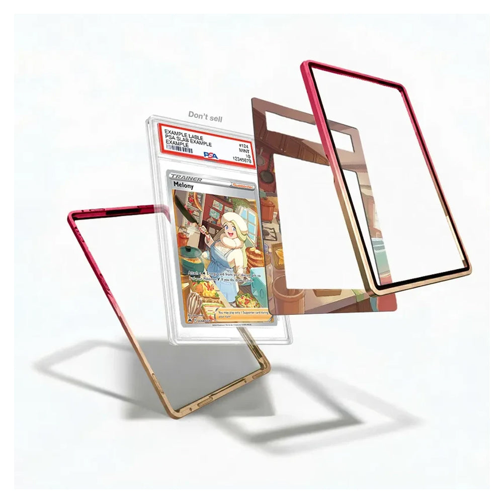 A set of clear protective phone case frames with metallic rose gold and gold edges, shown floating around a graded comic book card on a clean white background.