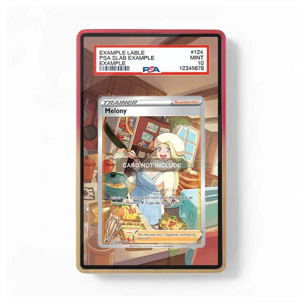 A PSA graded collectible trading card slab showing a Melony Pokémon TCG card inside a red and gold protective case, photographed on a clean white background.