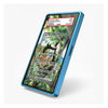 A blue protective phone case shown on a smartphone, displaying a Pokémon game card on its screen. The case is photographed at an angle against a clean, light gray background.