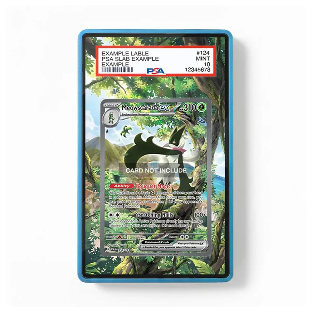 A PSA graded Pokémon TCG card in a clear slab with a blue border, showing a Mew Gotta Go! card. The slab has a red PSA label at the top and is photographed on a clean white background.