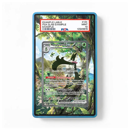 A PSA graded Pokémon TCG card in a clear slab with a blue border, showing a Mew Gotta Go! card. The slab has a red PSA label at the top and is photographed on a clean white background.