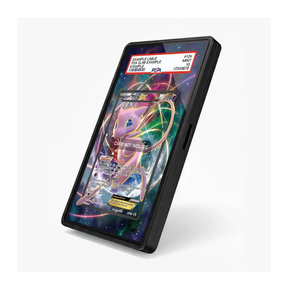 A black rectangular electronic device, likely a digital card reader or scanner, shown standing at an angle on a light gray background. The screen displays a colorful interface with a holographic card and sample text fields.