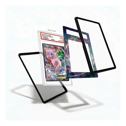 Three clear acrylic card protectors with black frames are shown floating around a graded Pokémon card in a clear plastic slab on a white background.
