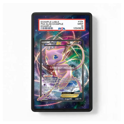 A PSA-graded collectible card slab containing a Mew card, shown against a clean white background. The slab has a black border and a clear top label with PSA branding and grading details.