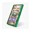 A green protective phone case shown at an angle, displaying a sample Pokémon trading card on its screen against a clean white background.