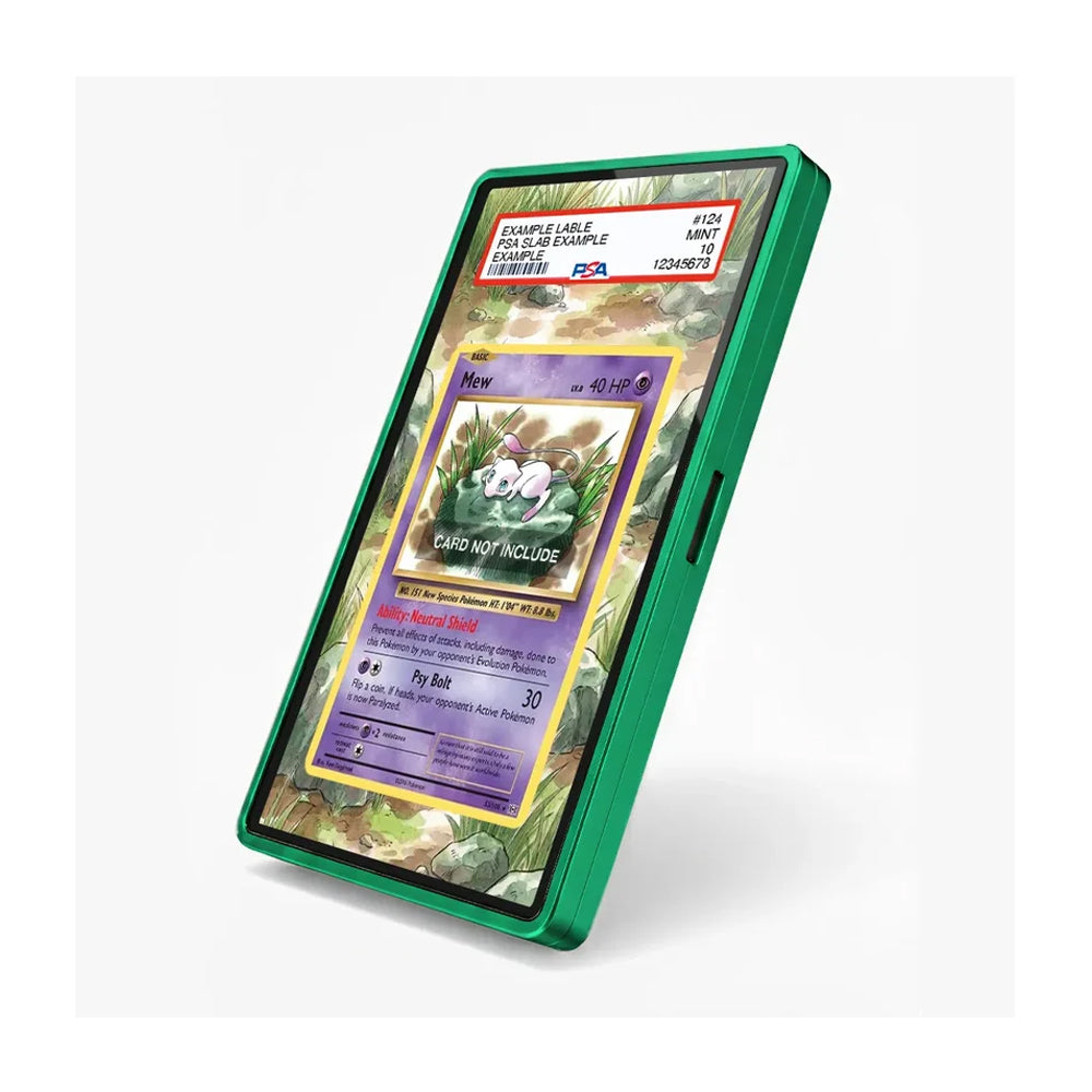 A green protective phone case shown at an angle, displaying a sample Pokémon trading card on its screen against a clean white background.