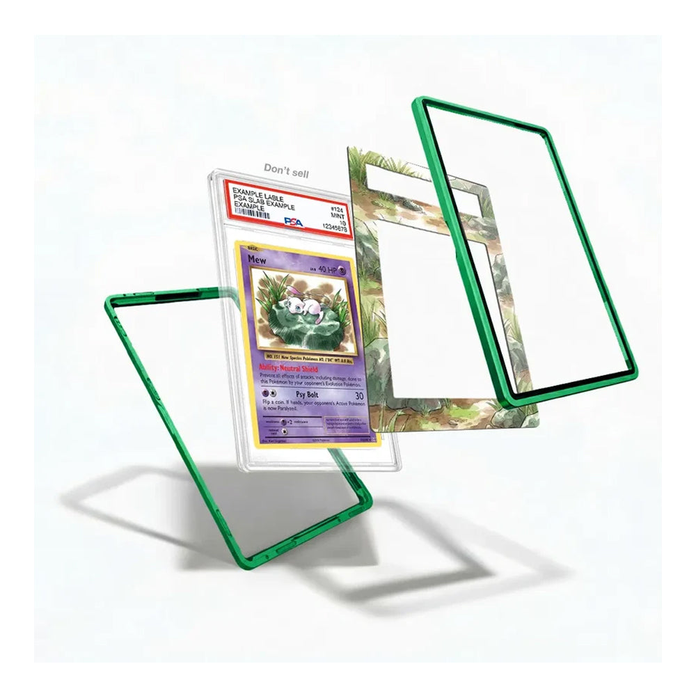 Three clear acrylic display frames with green borders are shown floating against a white background, with one frame holding a collectible card insert. The frames appear transparent with a bright green edge color, and the card insert is included only to demonstrate use.