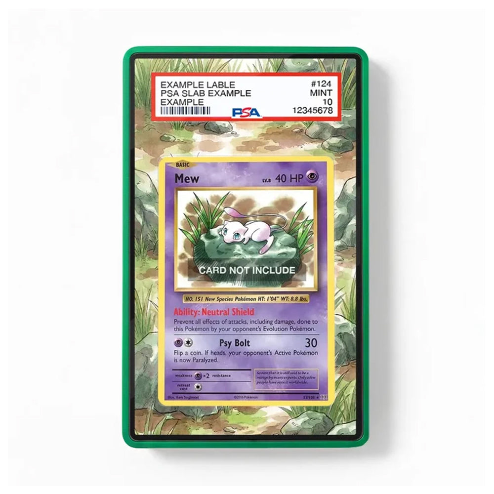 A PSA graded protective card case for a Pokémon TCG card, featuring a green border and a sample label at the top. The inner card has a placeholder graphic that reads 'CARD NOT INCLUDE'.