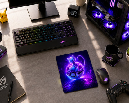 A large rectangular gaming mousepad with a colorful Yu-Gi-Oh! anime character print, shown on a wooden desk with a black gaming mouse resting on it. Surrounding the mousepad are a keyboard, monitor, PC tower with RGB lighting, and headphones.