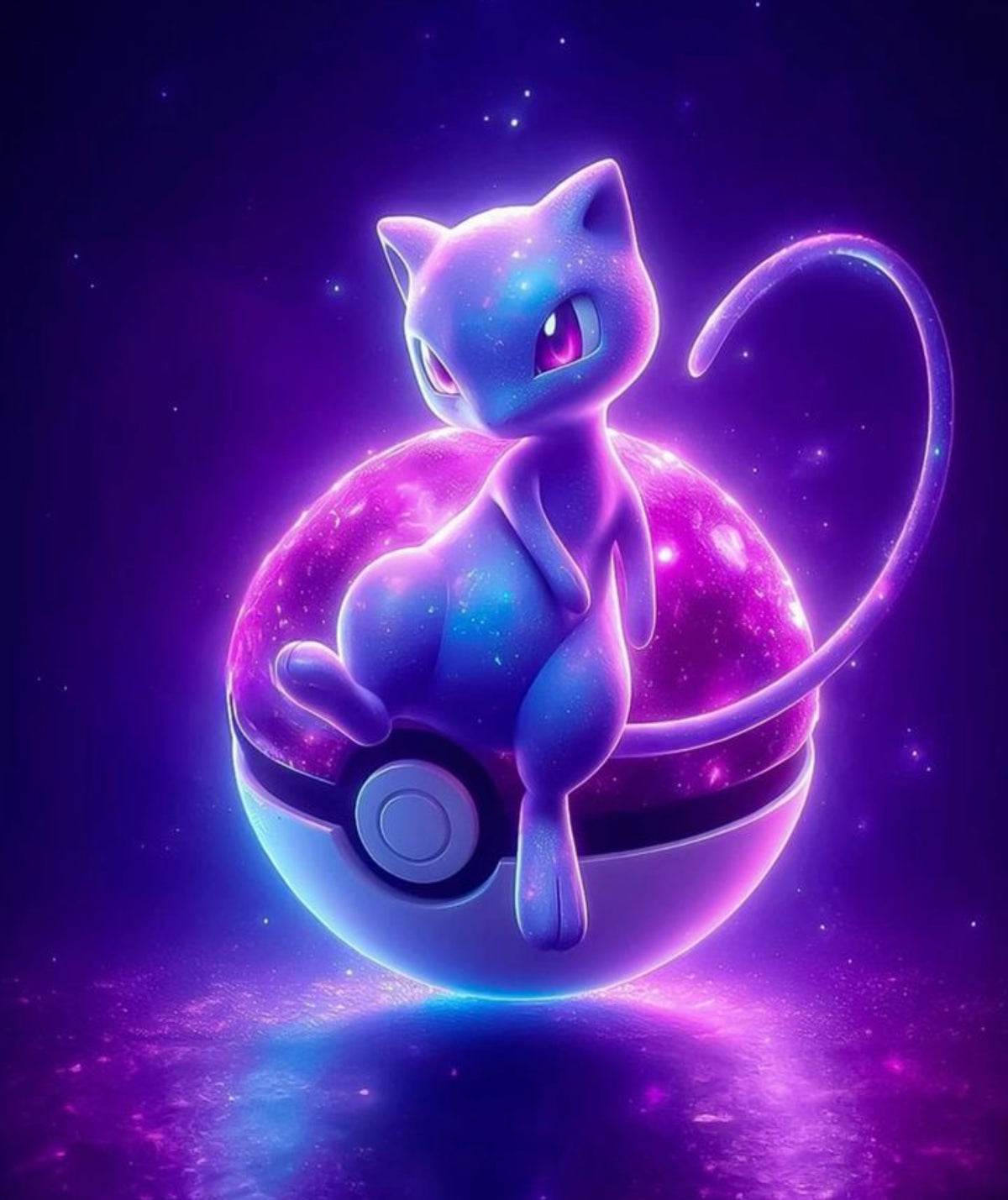 A stylized purple and blue cat-like character sits on a glowing pink-and-white orb against a starry cosmic background.