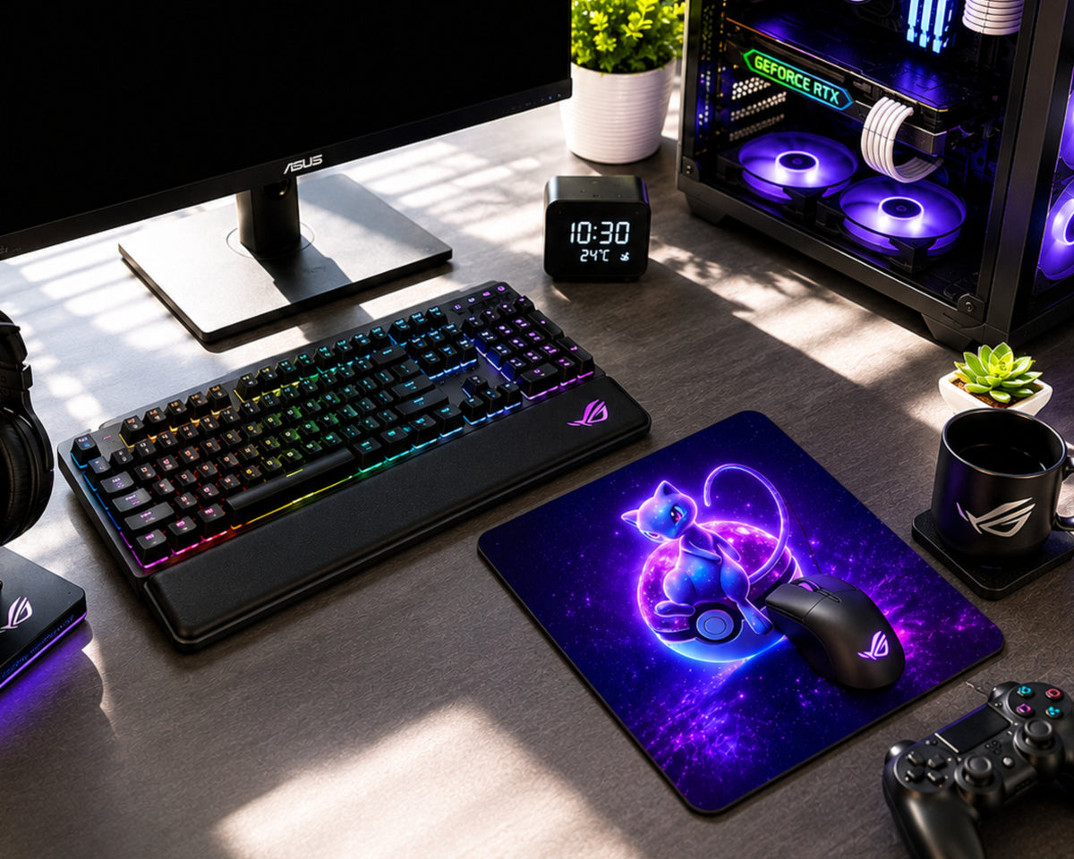 Gaming desk setup featuring a black ROG keyboard and mouse pad with glowing RGB backlighting and a blue-purple cat graphic, alongside a black gaming PC with illuminated fans, monitor, plants, and a PlayStation controller on a wooden desk.