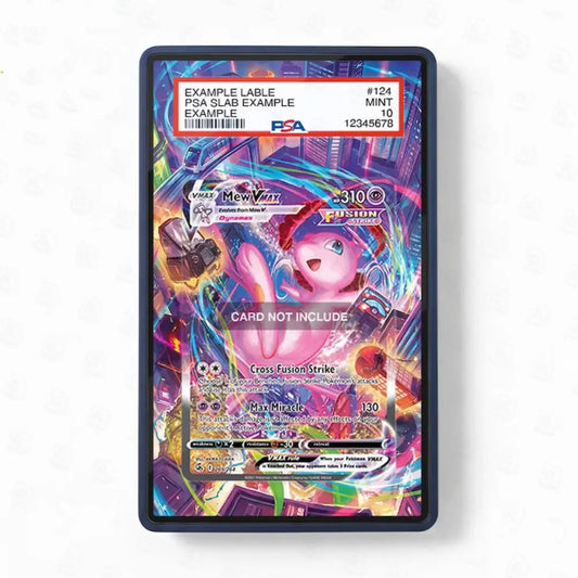Pokémon trading card in a protective case on a white background