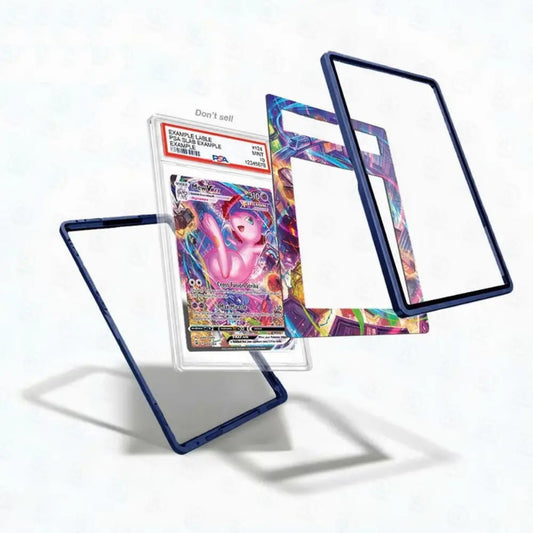 Card with colorful design and protective blue frame on white background