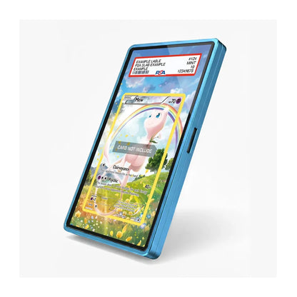 A blue protective phone case shown at an angle on a light gray background, with a Pokémon trading card game screen visible inside the phone.