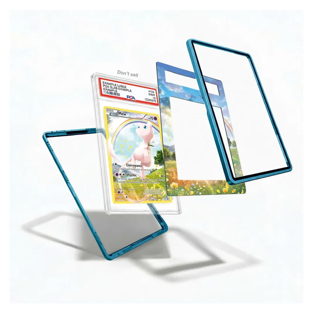 A set of custom protective phone cases with a translucent blue frame, shown floating in an exploded view to display both the front glass panel and the back stand design. One case is shown holding a graded Pokémon card, and the background is a clean white studio setting.