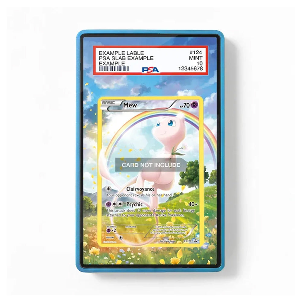 A PSA graded protective slab containing a Pokémon Mew trading card example, with the slab itself visible against a plain white background. The slab has a blue border and a printed insert showing a Mew card with a rainbow and grassy field illustration.