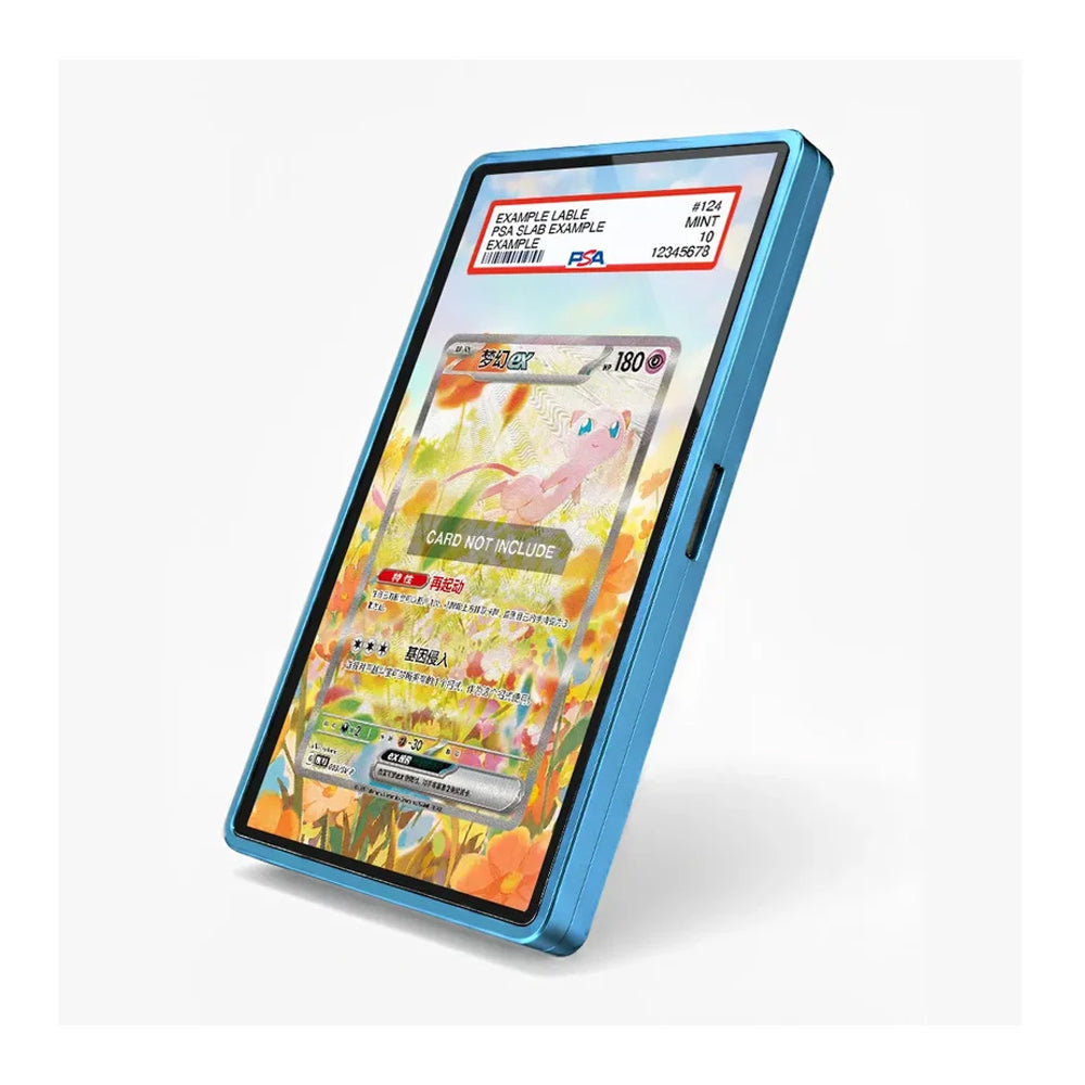 A blue protective case for a smartphone, shown standing upright at an angle. The screen of the phone displays a colorful card game interface, and a PSA authentication label is visible at the top of the screen.