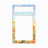 A vertical rectangular decorative frame or insert with rounded corners, featuring a pastel sky background and orange wildflower illustrations along the bottom and right edges. The top portion has a smaller horizontal cutout, and the center is a large blank white rectangle.