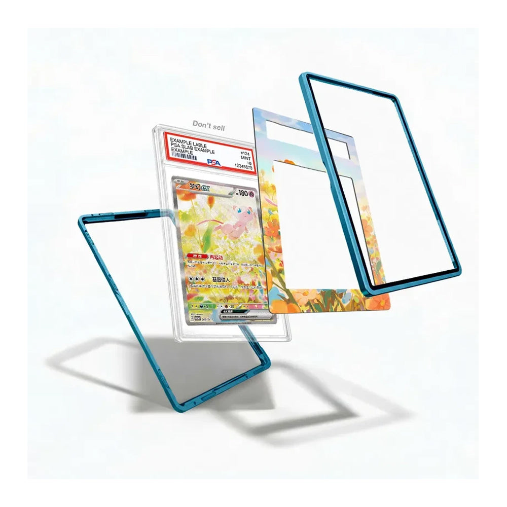 Three transparent protective frames with blue edges are shown floating around a graded Pokémon TCG card in a clear plastic slab, on a clean white background.