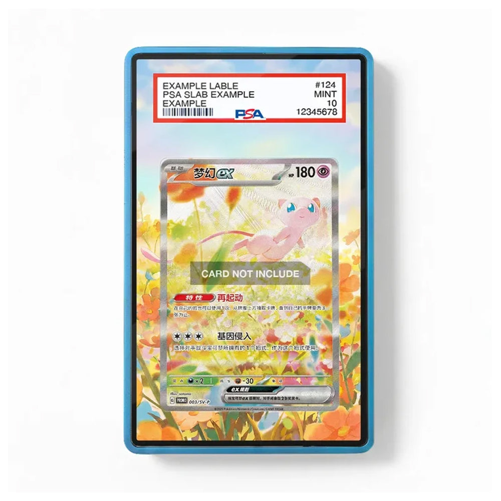 A PSA graded protective card slab with a blue border and a sample Pokémon card insert, shown on a clean white background. The top label reads PSA with example grading details and a card number 124.