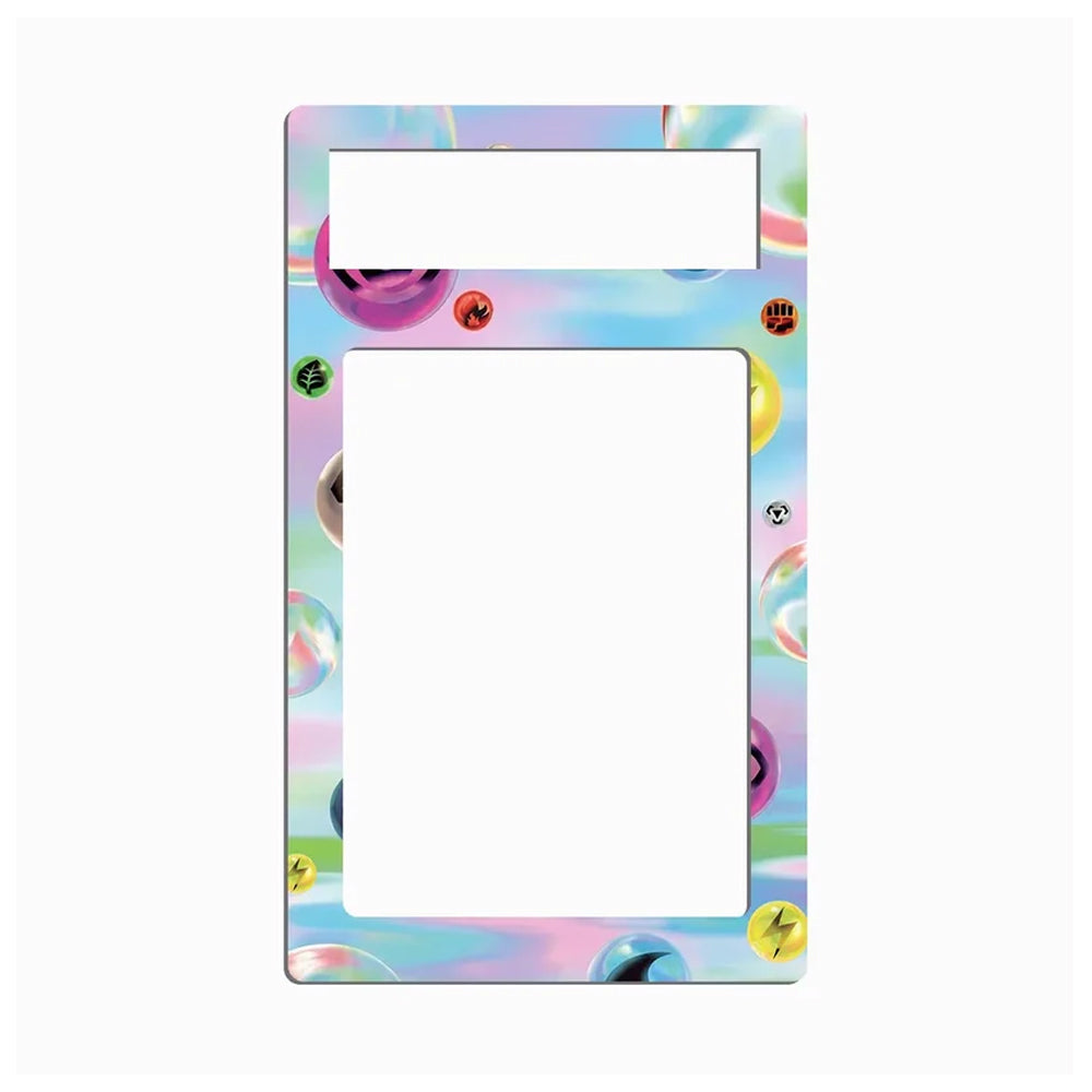 A decorative rectangular frame or plate with rounded corners, featuring a pastel iridescent background and scattered colorful bubble illustrations. The frame has two white cutout sections near the top and is shown on a plain light gray background.