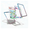 Three colorful, iridescent protective frames for a tablet are shown floating against a white background, with one frame displaying a cartoon graphic insert.