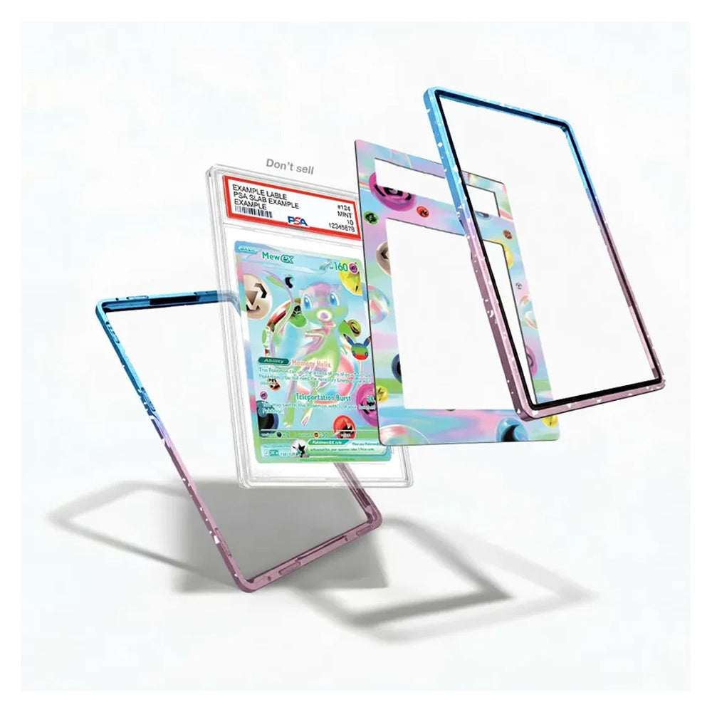 Three colorful, iridescent protective frames for a tablet are shown floating against a white background, with one frame displaying a cartoon graphic insert.