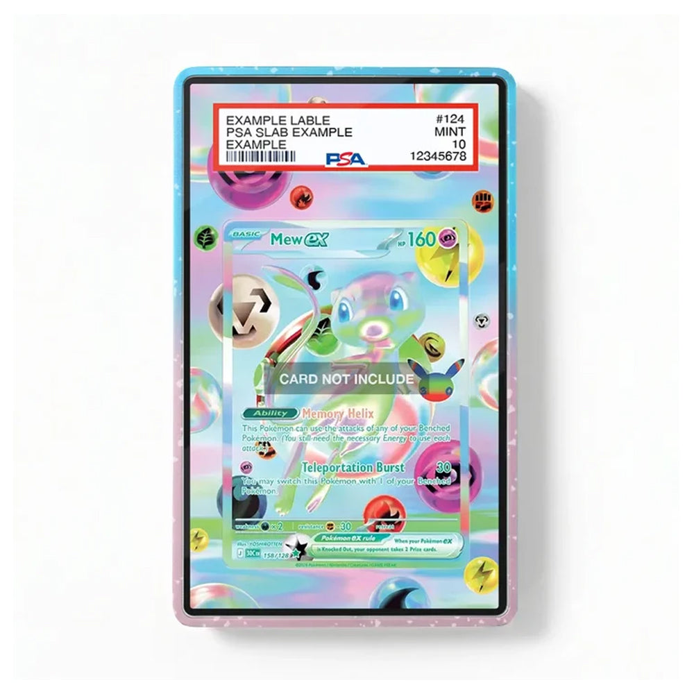 A holographic acrylic protective case for a Pokémon trading card, featuring a colorful pastel design with a pink border and a PSA grading label at the top, shown on a white background.