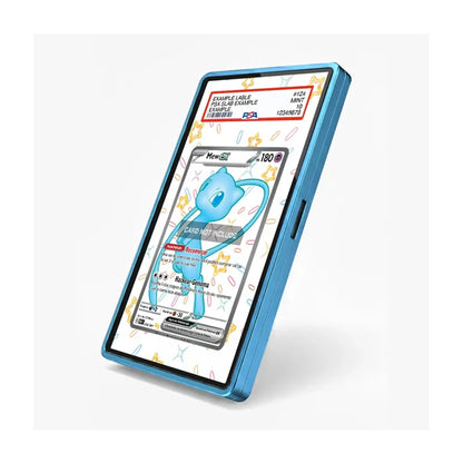A blue protective case around a smartphone, displaying a graded holographic trading card insert on the screen, set against a clean white background.