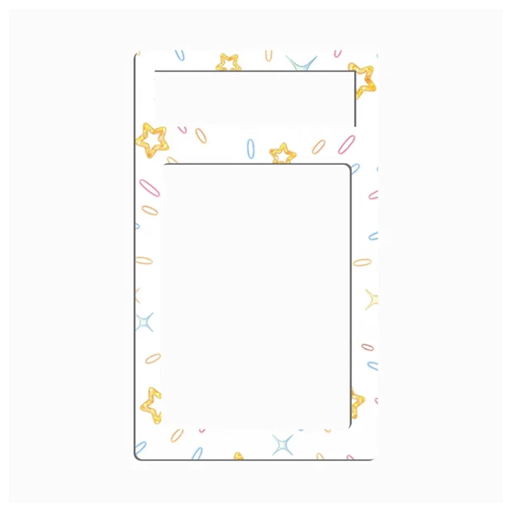 A white rectangular desk mat or planner pad with rounded corners, featuring a thin black border and a pattern of small pastel paperclip and star doodles in yellow, pink, blue, and orange.
