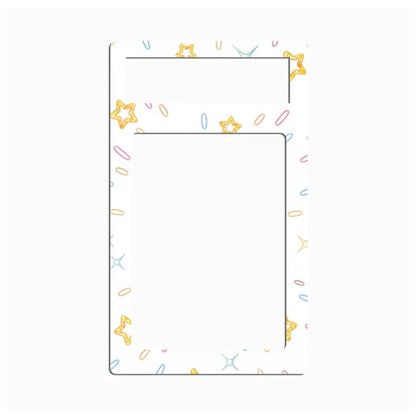 A white rectangular desk mat or planner pad with rounded corners, featuring a thin black border and a pattern of small pastel paperclip and star doodles in yellow, pink, blue, and orange.