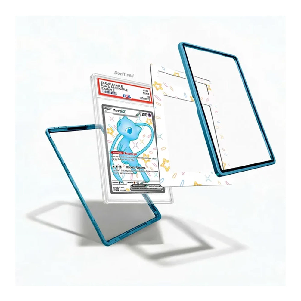 Three transparent acrylic or glass display frames with bright blue edges are shown floating on a white background, with one frame holding a Pokémon trading card and another showing a printed insert. No person, animal, or real environment is present, so this is Product/Packaging rather than Lifestyle.