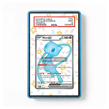 A PSA graded sample Pokémon card in a blue protective slab, shown against a white background with a PSA certification label visible at the top. The slab includes a printed decorative pattern and a sample Mew card insert.