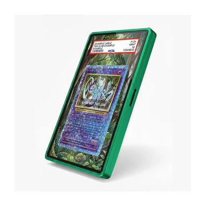 A green protective case for a smartphone, shown at an angle on a light gray background. The screen of the phone is turned on and displays a holographic Pokémon trading card insert.