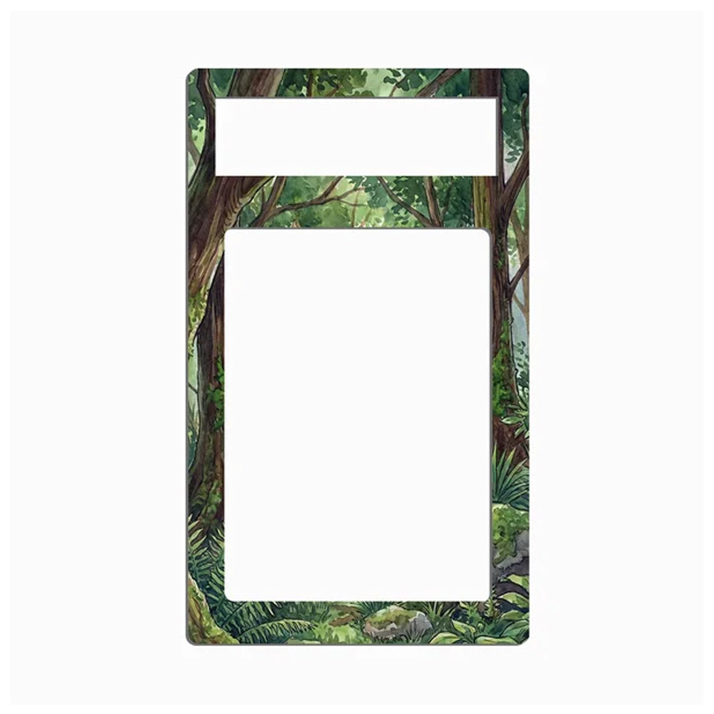 A rectangular picture frame with a nature forest illustration border, featuring green foliage, brown tree trunks, and a white cutout center for a photo, shown on a light gray background.