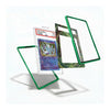 Green acrylic card protectors shown in three states: assembled around a graded Yu-Gi-Oh! Todoroki card, disassembled, and one featuring a green jungle pattern.